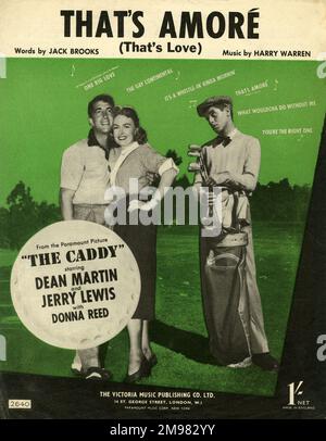 Music cover, That's Amore, words by Jack Brooks, music by Harry Warren.  Showing Dean Martin, Jerry Lewis and Donna Reed on a golf course in the film The Caddy. Stock Photo