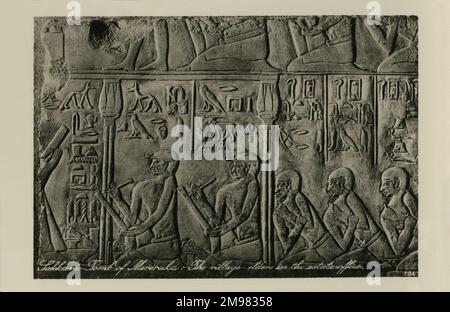 Relief carving showing the village elders in the Estate Office - The Tomb of Mereruka, Saqqara, Egypt. Stock Photo