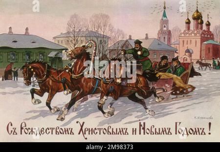 A troika - a traditional Russian harness driving combination, using three horses abreast, usually pulling a sleigh (as on this card). Stock Photo