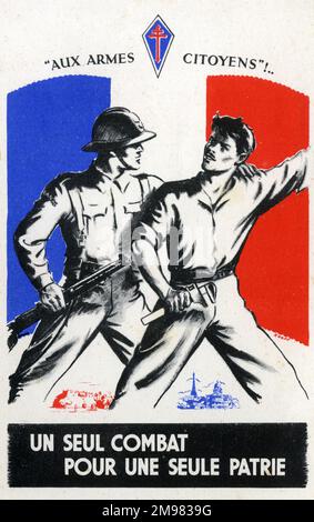 WW2 - Postcard encouraging men to enlist with the Free French Army - 'Citizens With Weapons!' 'A single battle for a single homeland!'. Stock Photo