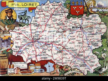 Map of the French Department of Loiret - No.45, featuring inset illustrations depicting Sully sur Loire, ceramics from Gien, foodstuffs from Orleans and an inset portrait of Gaspard II de Coligny, Seigneur de Chatillon, a 16th century French nobleman and admiral, best remembered as a disciplined Huguenot leader in the French Wars of Religion. Stock Photo