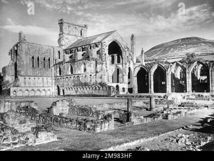 St Mary's Abbey, Melrose - viewed from the North-west - a partly-ruined monastery of the Cistercian order in Melrose, Roxburghshire, in the Scottish Borders, Scotland. Stock Photo