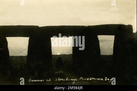 Stonehenge is a prehistoric stone circle monument, located in the English county of Wiltshire. It is estimated that the stones were erected between 3000 BC and 2000 BC. Their exact purpose or origin is unknown, despite many theories and myths.   Stonehenge is often linked to the sun, and particularly the summer solstice, despite the fact that the circle and Heel Stone do not align exactly with the solstice sunrise. Stock Photo