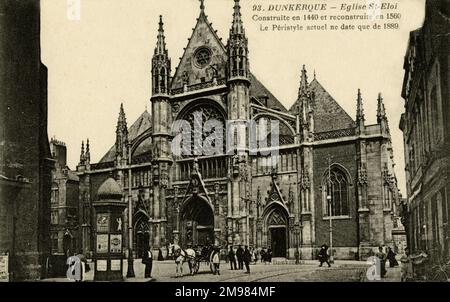The front facade of Saint Eloi Church (Eglise St-Eloi) in the town of Dunkirk (Dunkerque) in northern France, showing a busy main square with people and horses outside the church doors. Stock Photo