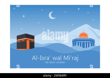 Islamic Background Design Template. Al-Isra wal Mi'raj means The night journey of Prophet Muhammad, flat vector modern illustration Stock Vector