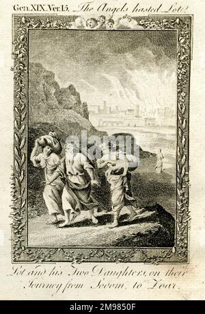 Lot and his two daughters on their journey from Sodom to Zoar - Thomas Bankes Bible, Genesis 19.15. Stock Photo