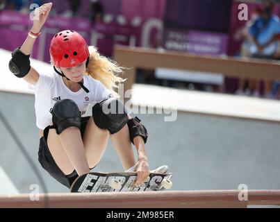 Bombette Martin of Britain competes in the women's park skateboarding