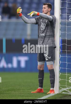 Genoa, Italy, 16th January 2023. George Puskas of Genoa CFC reacts during  the Serie B match at Luigi Ferraris, Genoa. Picture credit should read:  Jonathan Moscrop / Sportimage Stock Photo - Alamy