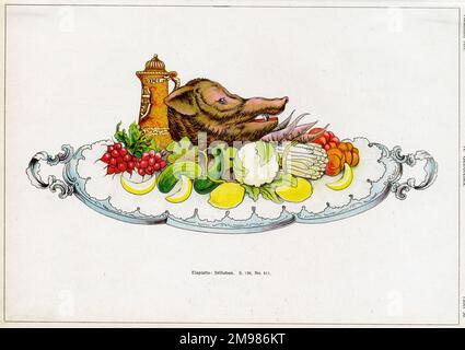 Table display -- boar's head with vegetables. Stock Photo