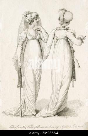 Two women in Regency style walking dresses, as seen in Kensington Gardens, London, June 1806. Stock Photo