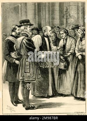 Distribution of Royal Maundy Money to the poor in Westminster Abbey, London. Stock Photo