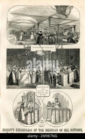 Knight's Cyclopaedia of the Industry of all Nations, detailing the contents of the Great Exhibition in London. Showing the interior of a flax mill with various processes. Stock Photo