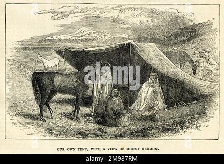 Lady Anne Blunt, 15th Baroness Wentworth (1837-1917), English traveller in Arabia and the Middle East, buyer and breeder of Arab horses. Seen here with her husband, Wilfred Scawen Blunt (1840-1922), in a tent, with a view of Mount Hermon. Stock Photo