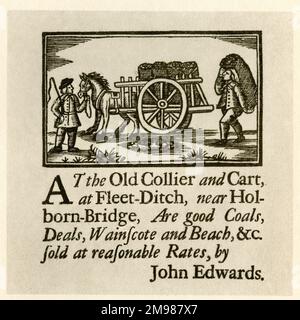 London Trade Card - John Edwards, Coal Merchant, at the Old Collier and Cart, Fleet Ditch, near Holborn Bridge. Stock Photo