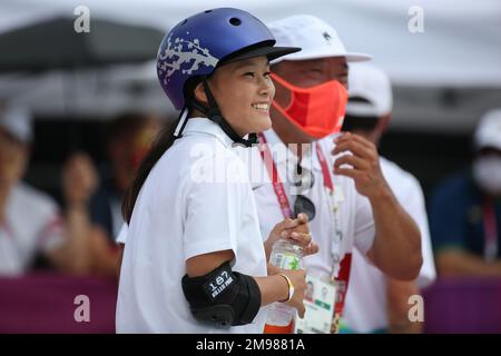 AUG 4, 2021 - TOKYO, JAPAN: YOSOZUMI Sakura of Japan reacts in the Skateboarding Women's Park Prelims at the Tokyo 2020 Olympic Games (Photo by Mickael Chavet/RX) Stock Photo