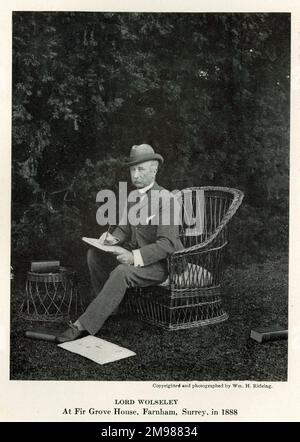 Field Marshal Garnet Joseph Wolseley, 1st Viscount Wolseley (1833-1913), Anglo-Irish officer in the British Army.  Seen here in the garden of Fir Grove House, Farnham, Surrey. Stock Photo