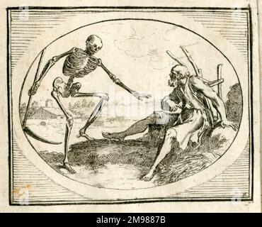 Memento mori -- an old man and the Grim Reaper, in the shape of a skeleton carrying a scythe. Stock Photo