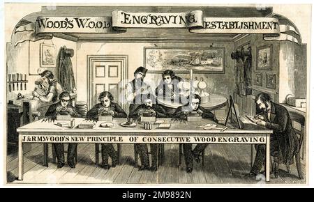 Wood's Wood Engraving Establishment -- new principle of consecutive wood engraving. Stock Photo