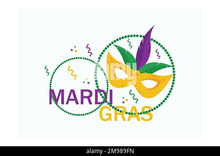 Mardi Gras or Shrove Tuesday lettering label on white background. Holiday poster or placard template. Mardi Gras design element, flat vector modern il Stock Vector