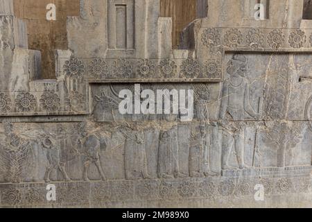 Bas reliefs at Apadana palace in the ancient Persepolis, Iran Stock Photo