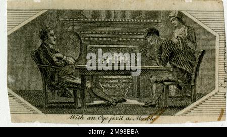 Two men playing chess, watched by a woman - With an Eye fix'd as Marble. Stock Photo