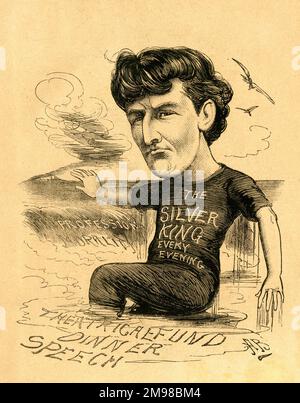 Cartoon, Wilson Barrett (William Henry Barrett; 1846-1904), actor, theatre manager and playwright -- When you next advertise the virtues of the actor, Mr Wilson Barrett, be sure you don't get out of your depth!  The Silver King refers to his melodramatic play production at the Princess's Theatre, London, in which he played the role of Wilfred Denver.  He had recently given an after-dinner speech at a Theatrical Fund charity dinner, and perhaps gone a little too far on the subject of morality. Stock Photo