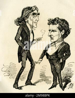 Cartoon, Henry Irving and Wilson Barrett, rival Shakespearean actors.  Irving says: You seem to have altered since I have been away, Wilson. You look to have grown! Stock Photo