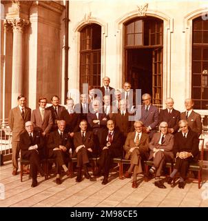 The 1974-1975 Royal Aeronautical Society Council on the terrace at No.4 Hamilton Place, 24 April 1975. Front row from left: Air Cdre Rod Banks, Air Cdre J.R. Morgan, AM Sir Charles Pringle, B.P. Laight, RAeS President; K.G. Wilkinson, S.D. Davies and W. Isbister, President, Australia Division. Second row from left: R.P. Probert, G.M. Moss, D.G. Brown, Capt E.M. Brown, Air Cdr F.C. Padfield, M.J. Brennan, Prof M.G. Farley, H. Zeffert, G. Wansbrough-White, Dr E.S. Moult and L.A. Wingfield, Honorary Solicitor. Rear from left: G. Weller, E.M.J. Schaffter, RAeS Secretary; Dr W.F. Hilton and Capt Stock Photo