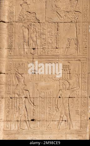Close up view of traditional Egyptian hieroglyphics on the wall in Horus Edfu temple in Aswan, Egypt Stock Photo
