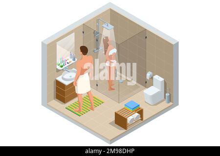 Isometric modern bathroom interior with a white toilet, mirror, sink, and shower cabin. Woman bathes in the shower, man in the bathroom Stock Vector