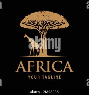 Safari Wildlife Logo design inspiration vintage silhouette African Giraffe and tree. African desert vector simple design on dark later Stock Vector