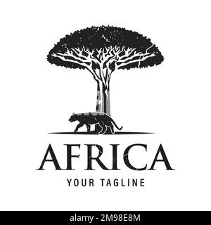 African tree design with Tiger Jaguar Leopard Cheetah Puma Panther Silhouette for Safari Adventure Logo Design Vector Stock Vector