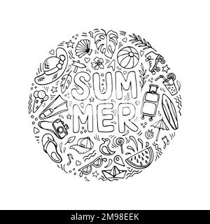 Summer symbols doodle clipart black and white Stock Vector