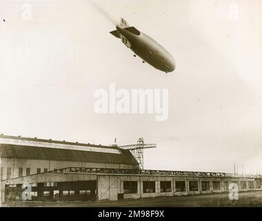 The LZ129 Hindenburg over Friedrichshafen on 4 March 1936, during its first flight which lasted three hours. Stock Photo