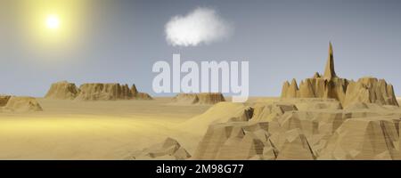 3d render of hot sun and desert landscape with single cloud. Stock Photo