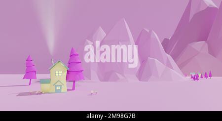 3d render of pastel pink mountains and homestead. Stock Photo