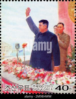 2011 North Korea stamp. 100th Kim Il Sung birthday. 'Founding of our glorious homeland, the Democratic People's Republic of Korea' painting Stock Photo