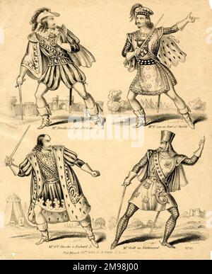 Four characters from Shakespeare's Richard III -- Gustavus Vaughan Brooke (1818-1866, top and bottom left), Irish actor, as the Duke of Gloucester and Richard III (the same role), Mr H Lee as the Earl of Norfolk and Mr Hall as Henry, Duke of Richmond. Stock Photo