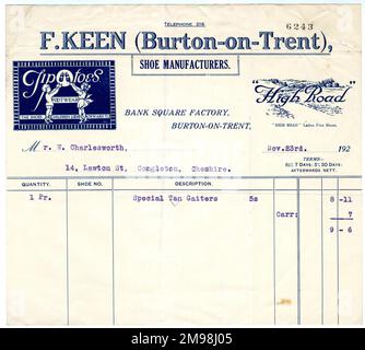 F Keen (Burton-on-Trent) Shoe Manufacturers stationery, Bank Square Factory, Burton-on-Trend, Staffordshire, with adverts for Tip Toes Footwear and High Road Shoes.  Used as an invoice for a pair of special tan gaiters, size 5, sent to a Mr Charlesworth in Congleton, Cheshire. Total cost was nine shillings and sixpence, including seven pence for carriage. Stock Photo