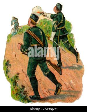 Victorian Scrap - soldiers pursuing a cyclist. Stock Photo