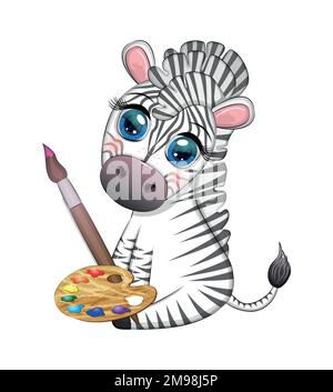 Zebra painter with paint palette and brush. Profession, hobby, children's character. Stock Vector