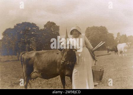 Milkmaid (Sarah Fletcher) and her favourite cow, in the village of Madresfield, near Malvern, Worcestershire, during the First World War. Stock Photo