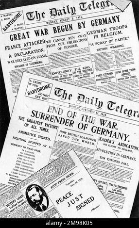 Daily Telegraph front pages for 3 August 1914 and 11 November 1918, marking the beginning and end of the First World War, and Stop Press News for 28 June 1919 confirming the signing of the Peace Treaty at Versailles. Stock Photo
