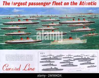 Cunard Line poster -- The largest passenger fleet on the Atlantic.  Showing the fleet of ships, led by the Queen Elizabeth and the Queen Mary, together with a key, November 1956. Stock Photo