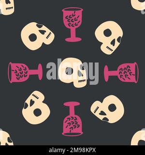 Skull, snake, goblet, magic symbols seamless pattern. Magic and death, on a dark background Stock Vector