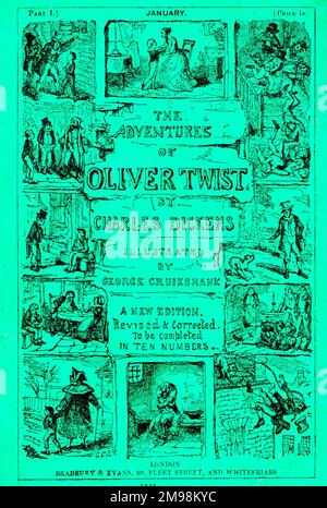 Wrapper design, first monthly instalment of the novel Oliver Twist by Charles Dickens, with illustrations by George Cruikshank, dated January 1846. Stock Photo