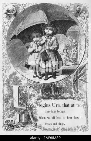 The Mother's Picture Alphabet -- U, showing two children sheltering from the rain under an umbrella. Stock Photo