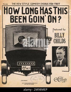 Music sheet cover featuring the new style comedy chorus fox-trot, 'How long has this been goin' on?' with Billy Childs. Two lovers kiss in the back of a taxi. Stock Photo