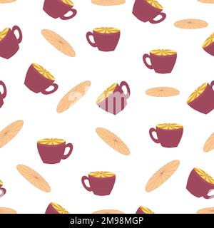 Cups and saucers bright seamless pattern. Tea, tea shop, coffee. Wallpaper, wrapping paper fabric Stock Vector