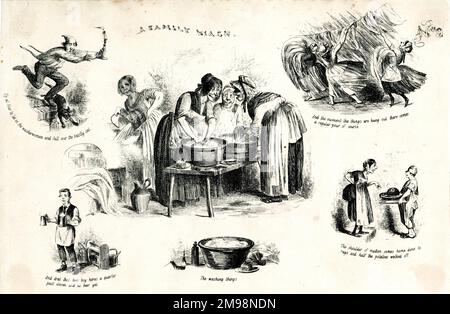 Cartoon - A Family Wash, showing all the things that can go wrong on wash day. Stock Photo